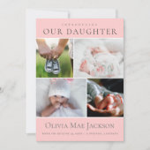 Roze Baby Meisje 4 Foto Collage Geboorte Aankondiging (Voorkant)