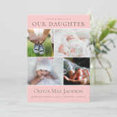 Roze Baby Meisje 4 Foto Collage Geboorte Aankondiging (Staand voorkant)