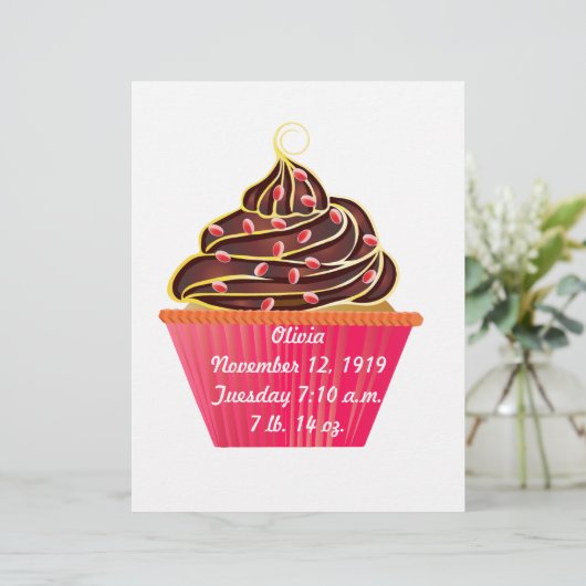 Roze Baby Meisje Cupcake Aankondiging Papier (Staand voorkant)