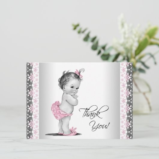 Roze  Baby Meisje Dank je Bedankkaart (Staand voorkant)
