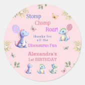 Roze Baby Meisje Dinosaurus 1e Verjaardag Dank u Ronde Sticker (Voorkant)