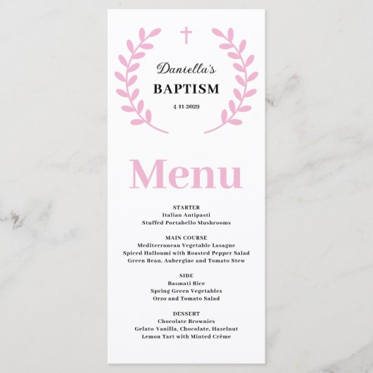 Roze Baby Meisje Dopen Menu Kaart (Voorkant)