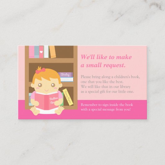 Roze Baby Meisje Douche Boek Invoegen Verzoek Kaar Informatiekaartje (Voorkant)