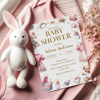 Roze Baby Meisje Douche Uitnodiging met Schattige 