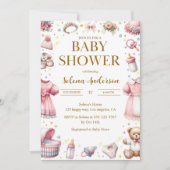 Roze Baby Meisje Douche Uitnodiging met Schattige  (Voorkant)