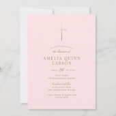 Roze Baby Meisje Eenvoudig Elegant Goud Cross Doop Kaart (Voorkant)