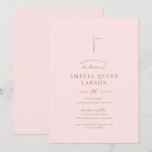 Roze Baby Meisje Eenvoudig Elegant Goud Cross Doop Kaart (Voorkant / Achterkant)
