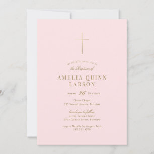 Roze Baby Meisje Eenvoudig Elegant Goud Cross Doop Kaart