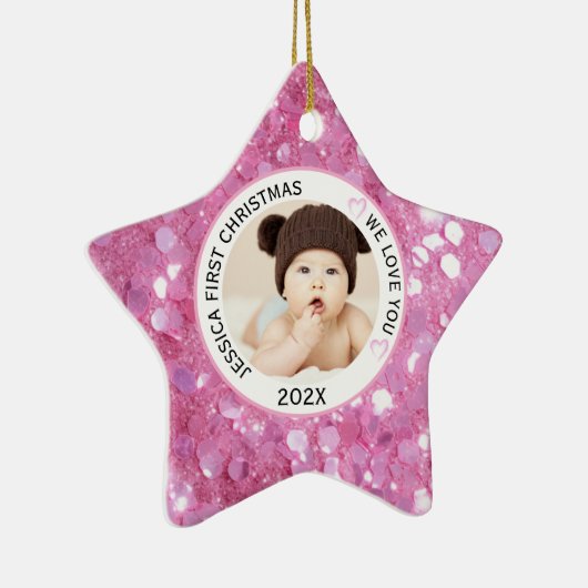 Roze Baby Meisje Eerste Kerstnaam Foto Keramisch Ornament (Rechts)