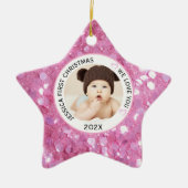 Roze Baby Meisje Eerste Kerstnaam Foto Keramisch Ornament (Voorkant)