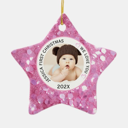 Roze Baby Meisje Eerste Kerstnaam Foto Keramisch Ornament (Voorkant)