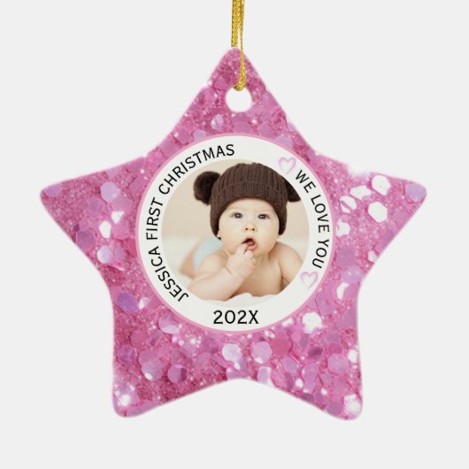 Roze Baby Meisje Eerste Kerstnaam Foto Keramisch Ornament (Achterkant)