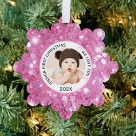 Roze Baby Meisje Eerste Kerstnaam Foto Ornament Kaart