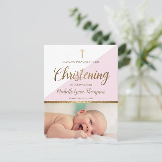 Roze Baby Meisje Foto doop Dank u Briefkaart (Staand voorkant)