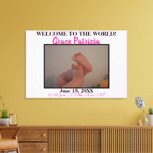 Roze Baby Meisje Foto Geboorte Statistieken Canvas Afdruk