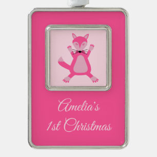  Roze Baby Meisje Fox Custom 1e Kerstmis Verzilverd Omlijst Ornament