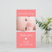Roze baby meisje geboorte aankondiging fotokaart (Staand voorkant)