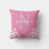 Roze Baby Meisje Geboorte Stats Daisy Monogram Kin Kussen (Voorkant)