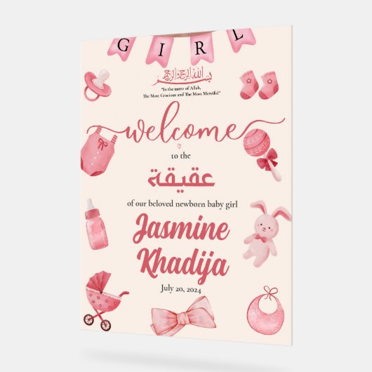 Roze Baby Meisje Kleding Aqiqah Aqeeqa Welkom Acry Acryl Bord (Hoek)