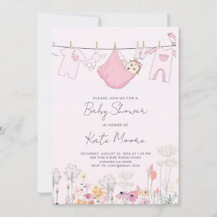 Roze Baby Meisje Klerenlijn Bundel Shower Uitnodig Kaart