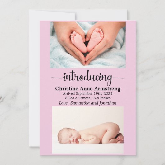 Roze Baby Meisje Maat en Gewicht Foto Geboorte Aankondiging (Voorkant)