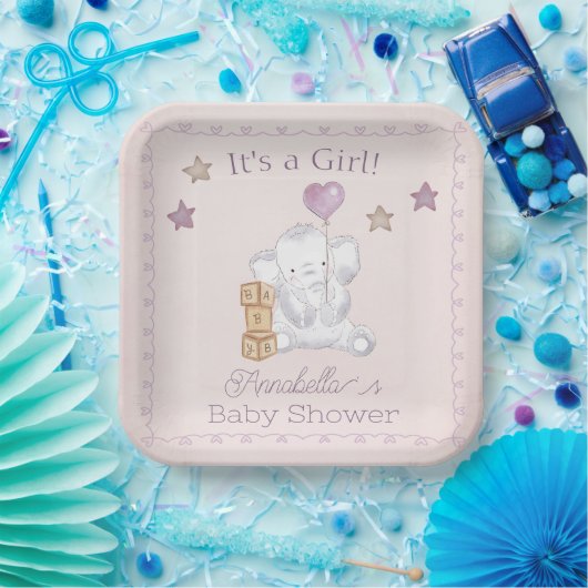 Roze Baby Meisje Olifant en Ballon Waterverf Papieren Bordje (Feest)