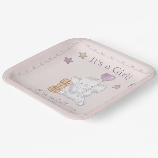 Roze Baby Meisje Olifant en Ballon Waterverf Papieren Bordje (Gebogen)