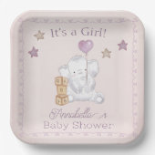 Roze Baby Meisje Olifant en Ballon Waterverf Papieren Bordje (Voorkant)