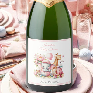 Roze Baby Meisje Olifant & Giraffe Golf Baby Showe Sparkling Wijnetiket