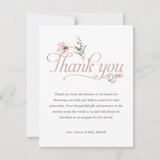 roze Baby Meisje shower Wilde bloem bedankkaartjes Bedankkaart (Voorkant)