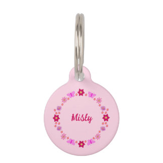 Roze Baby Meisje Vlinders en Bloemen Aangepast Huisdierpenning