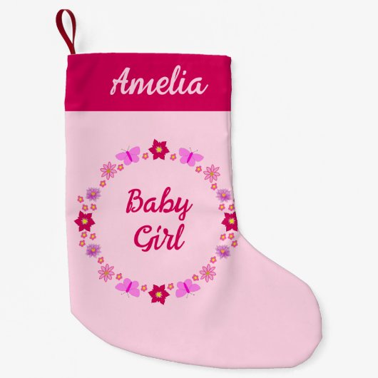 Roze Baby Meisje Vlinders en Bloemen Aangepaste Na Kleine Kerstsok (Voorkant)
