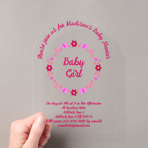 Roze Baby Meisje Vlinders en Bloemen Baby Shower Acryl Uitnodigingen