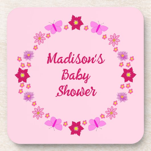 Roze Baby Meisje Vlinders en Bloemen Baby shower Bier Onderzetter (Voorkant)