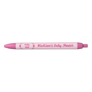 Roze Baby Meisje Vlinders en Bloemen Baby shower Blauwe Inkt Pen