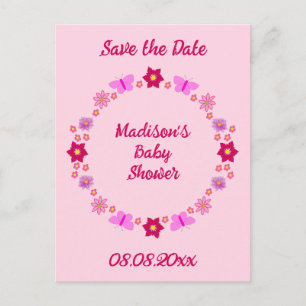 Roze Baby Meisje Vlinders en Bloemen Baby shower Briefkaart