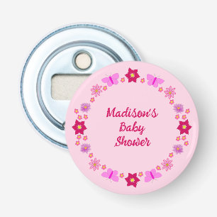Roze Baby Meisje Vlinders en Bloemen Baby shower Button Flesopener