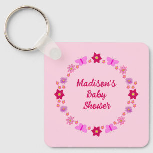 Roze Baby Meisje Vlinders en Bloemen Baby shower Sleutelhanger