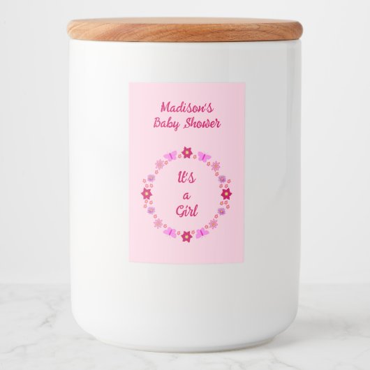Roze Baby Meisje Vlinders en Bloemen Baby shower Voedselcontainer Etiket (Voorkant)