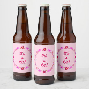 Roze Baby Meisje Vlinders en Bloemen Custom Bier Etiket
