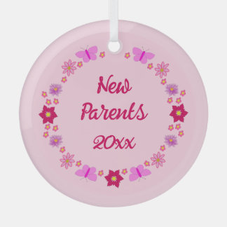 Roze Baby Meisje Vlinders en Bloemen Custom Glas Ornament
