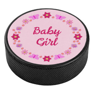 Roze Baby Meisje Vlinders en Bloemen Custom Hockey Puck