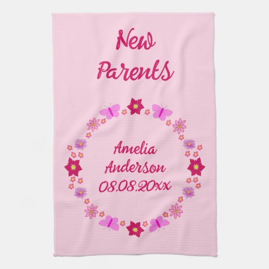 Roze Baby Meisje Vlinders en Bloemen Custom Theedoek (Verticaal)