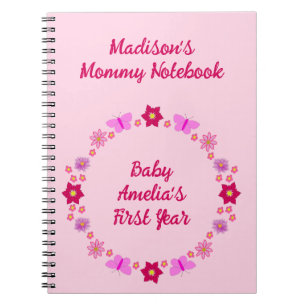 Roze Baby Meisje Vlinders en Bloemen Nieuwe Mam Notitieboek