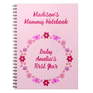 Roze Baby Meisje Vlinders en Bloemen Nieuwe Mam Notitieboek