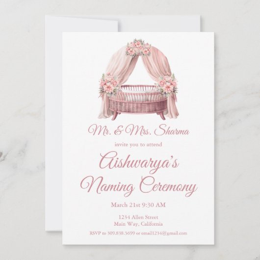 Roze Baby Meisje Wieg Naming Ceremonie Kaart (Voorkant)