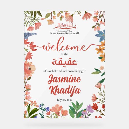 Roze Baby Meisje Wildflower Aqiqah Aqeqa Welkom Acryl Bord (Voorkant)