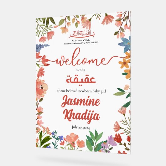 Roze Baby Meisje Wildflower Aqiqah Aqeqa Welkom Acryl Bord (Hoek)