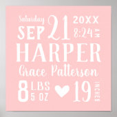 Roze Baby Naam en geboorte Stat | bewerkbare kleur Poster (Voorkant)
