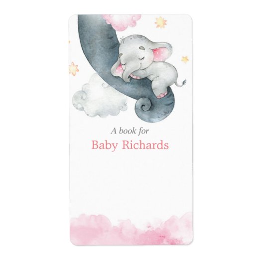 Roze baby olifant baby shower boek label stickers (Voorkant)